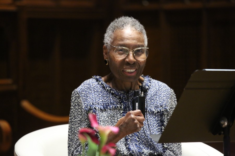 Dr. Hortense J. Spillers giving a lecture about the intersection of race and public discourse.